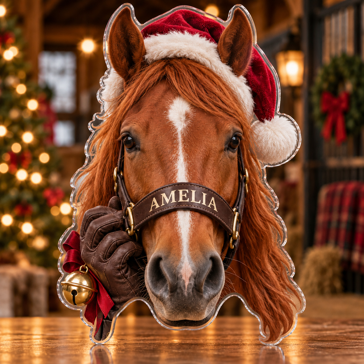 Front view of personalized Christmas Equestrian Horse acrylic plaque with sample name AMELIA