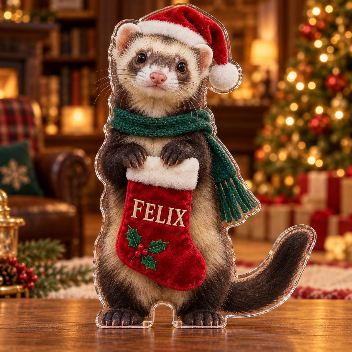 Front view of personalized Christmas Ferret Stocking acrylic plaque with sample name FELIX