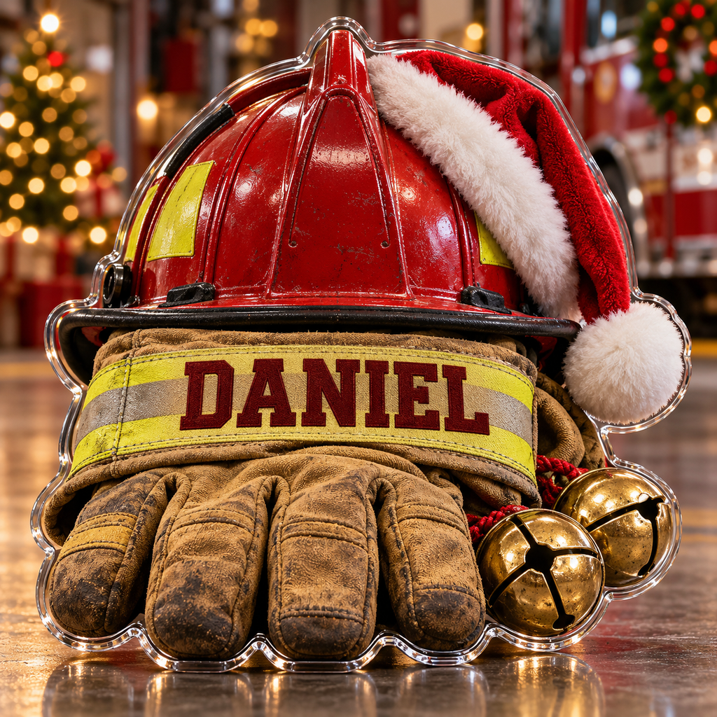 Front view of personalized Christmas Firefighter Helmet acrylic plaque with sample name DANIEL