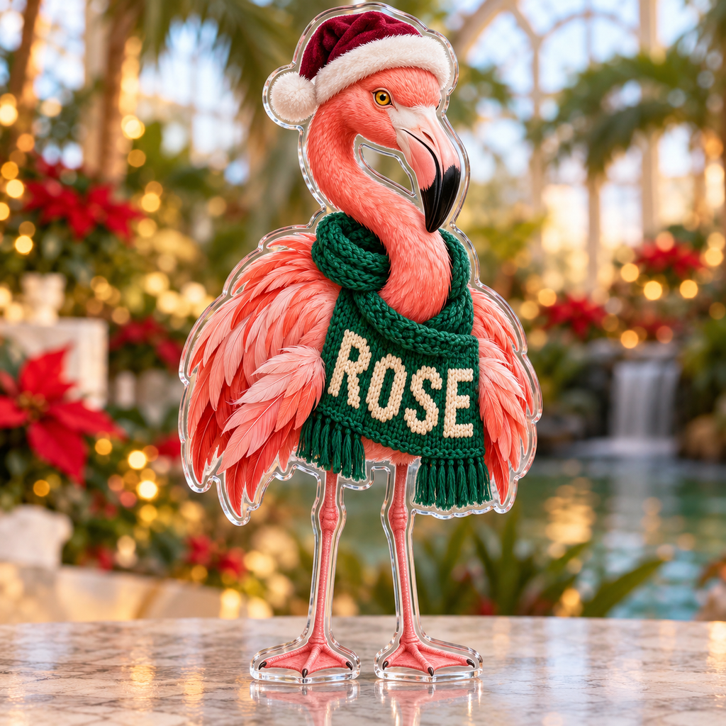 Front view of personalized Christmas Flamingo Conservatory acrylic plaque with sample name ROSE