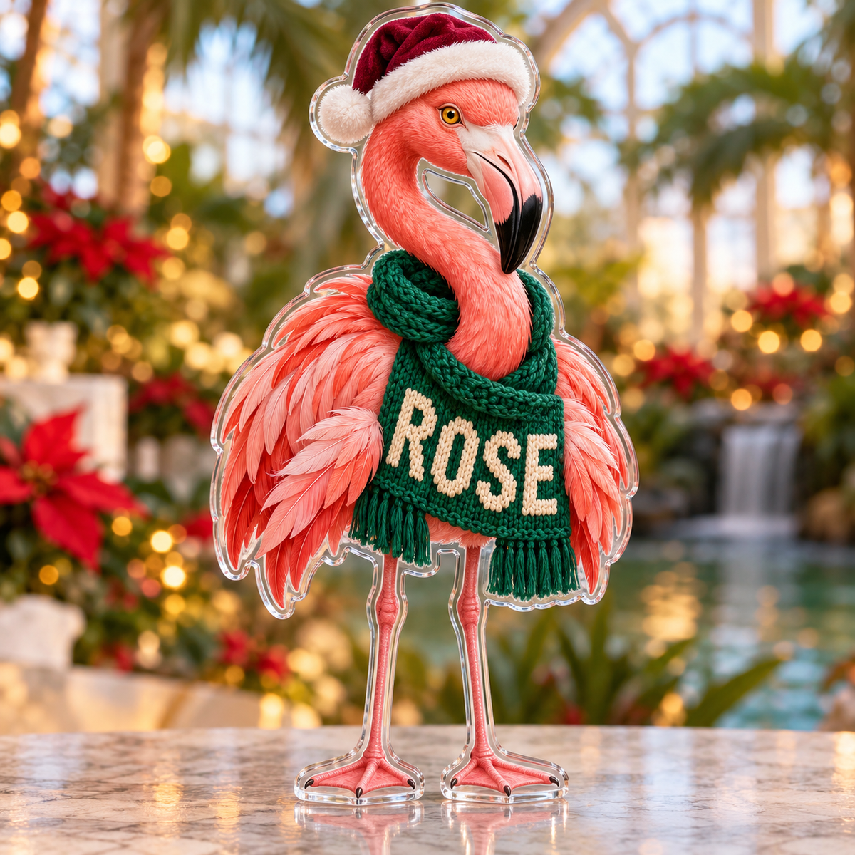 Front view of personalized Christmas Flamingo Conservatory acrylic plaque with sample name ROSE