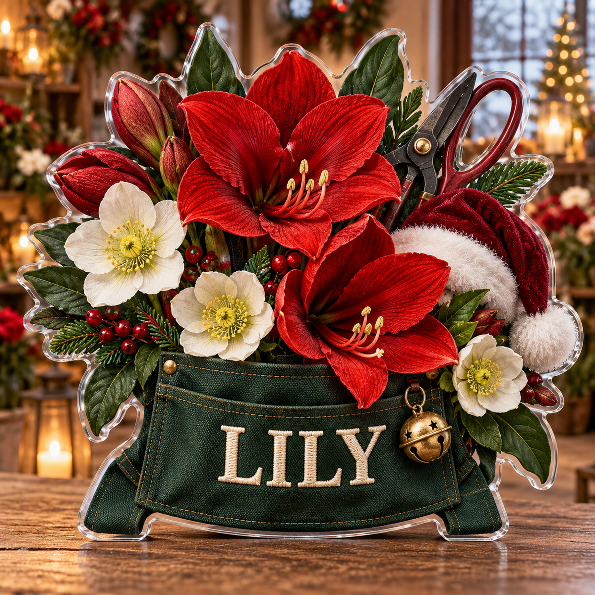 Front view of personalized Christmas Florist Amaryllis acrylic plaque with sample name LILY