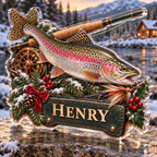 Front view of personalized christmas fly fishing trout acrylic plaque with sample name HENRY, displayed in a softly blurred festive riverside fishing cabin