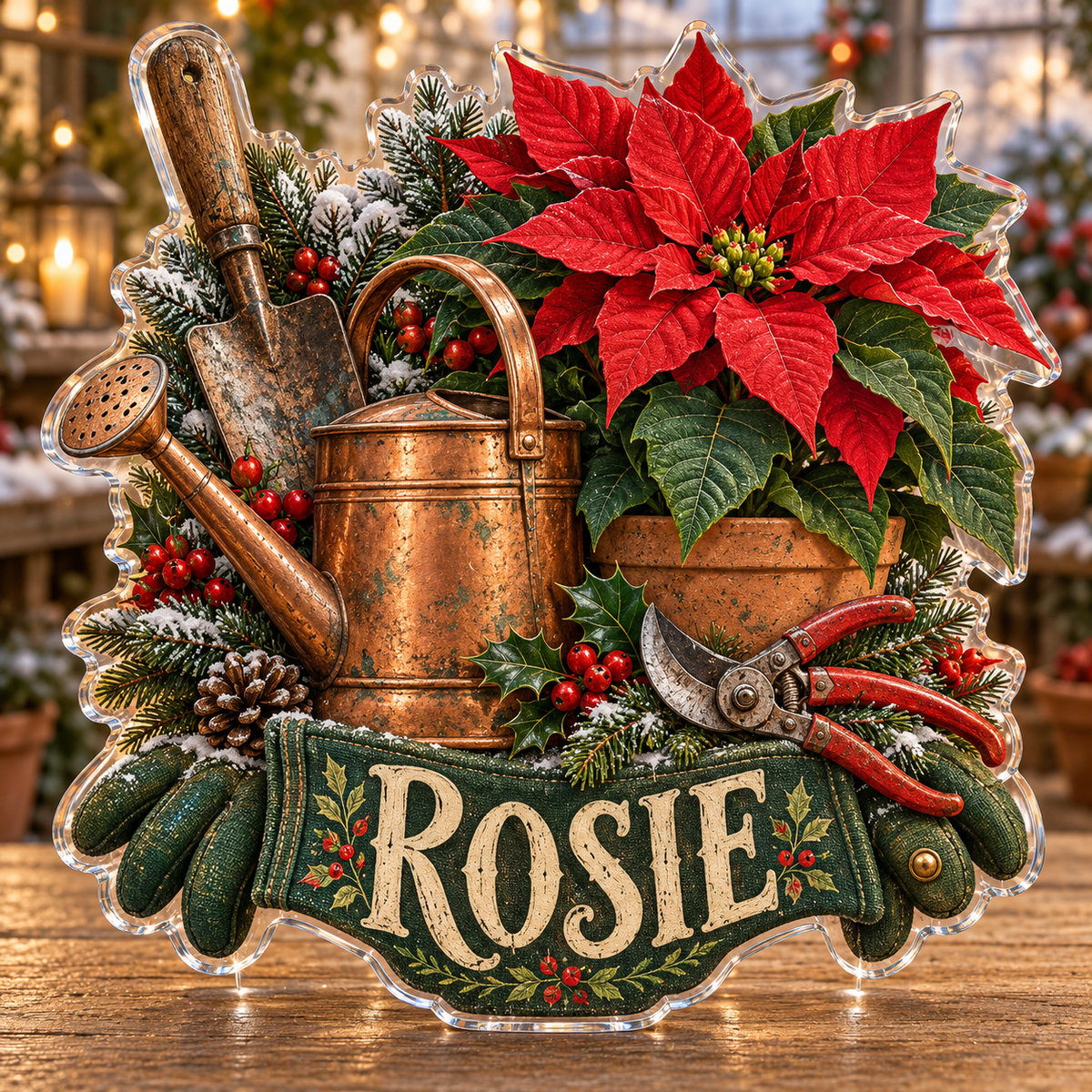 Front view of personalized christmas gardener poinsettia acrylic plaque with sample name ROSIE, displayed in a softly blurred Christmas greenhouse