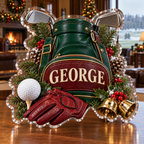 Front view of personalized christmas golf clubhouse acrylic plaque with sample name GEORGE in a softly blurred festive golf clubhouse