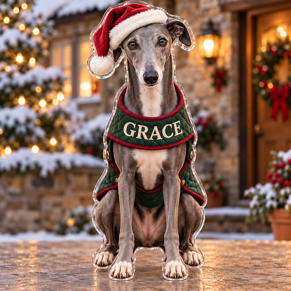 Front view of personalized Christmas Greyhound Coat acrylic plaque with sample name GRACE