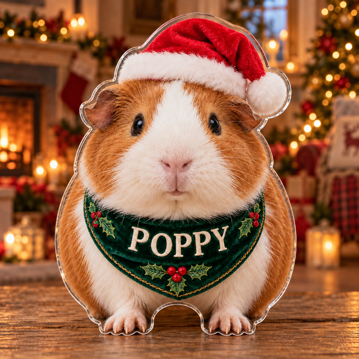 Front view of personalized Christmas Guinea Pig Cottage acrylic plaque with sample name POPPY