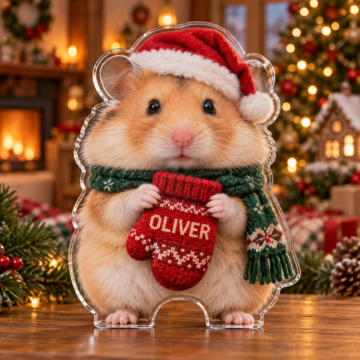 Front view of personalized Christmas Hamster Mitten acrylic plaque with sample name OLIVER