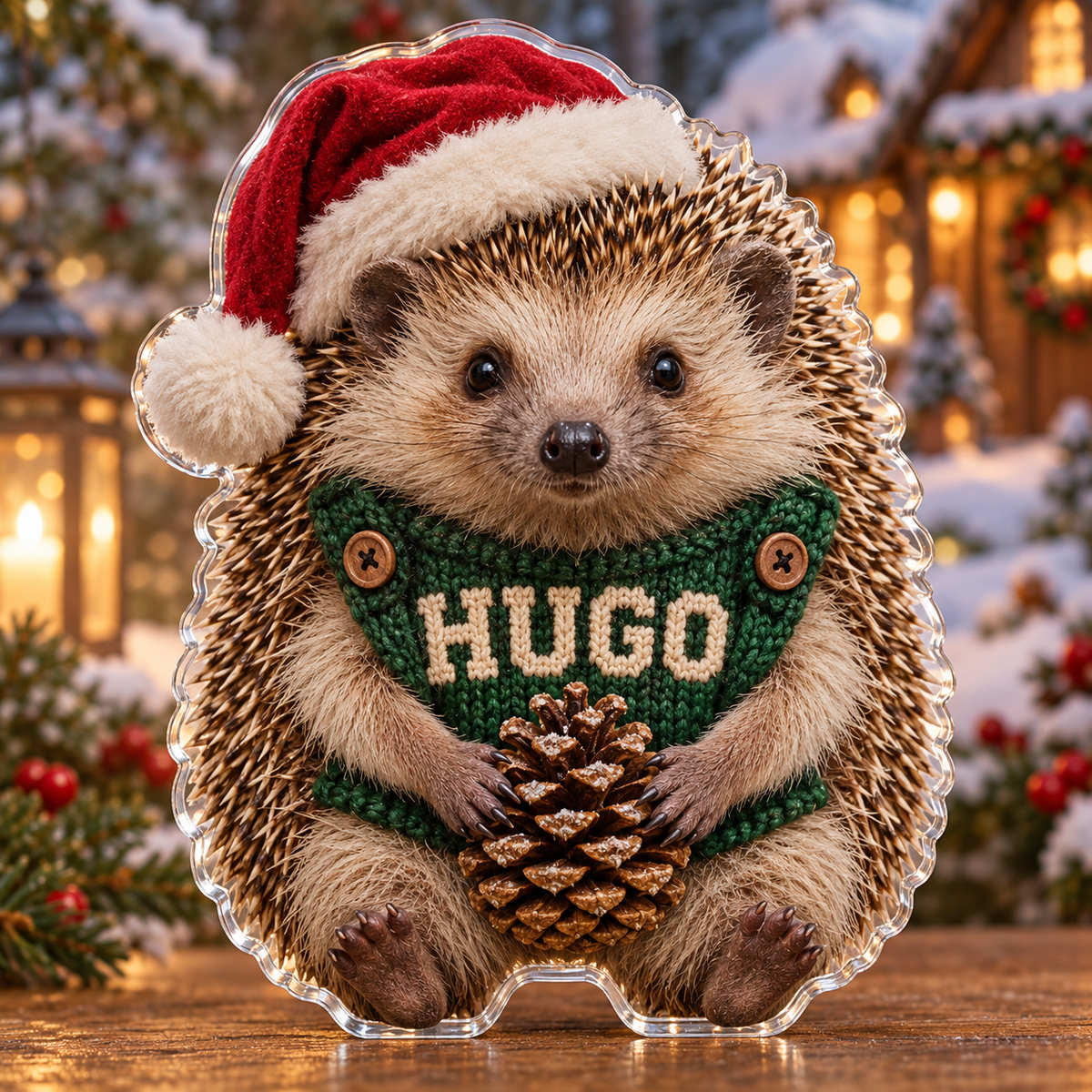 Front view of personalized Christmas Hedgehog Pinecone acrylic plaque with sample name HUGO
