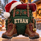 Front view of personalized Christmas Hiking Backpack acrylic plaque with sample name ETHAN