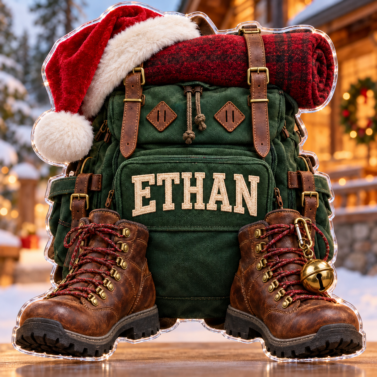 Front view of personalized Christmas Hiking Backpack acrylic plaque with sample name ETHAN