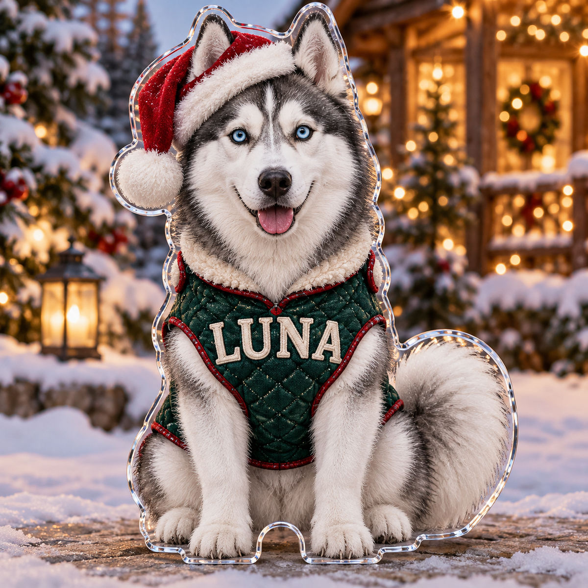 Front view of personalized Christmas Husky Lodge acrylic plaque with sample name LUNA