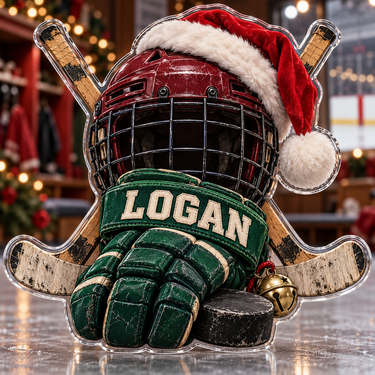 Front view of personalized Christmas Ice Hockey acrylic plaque with sample name LOGAN