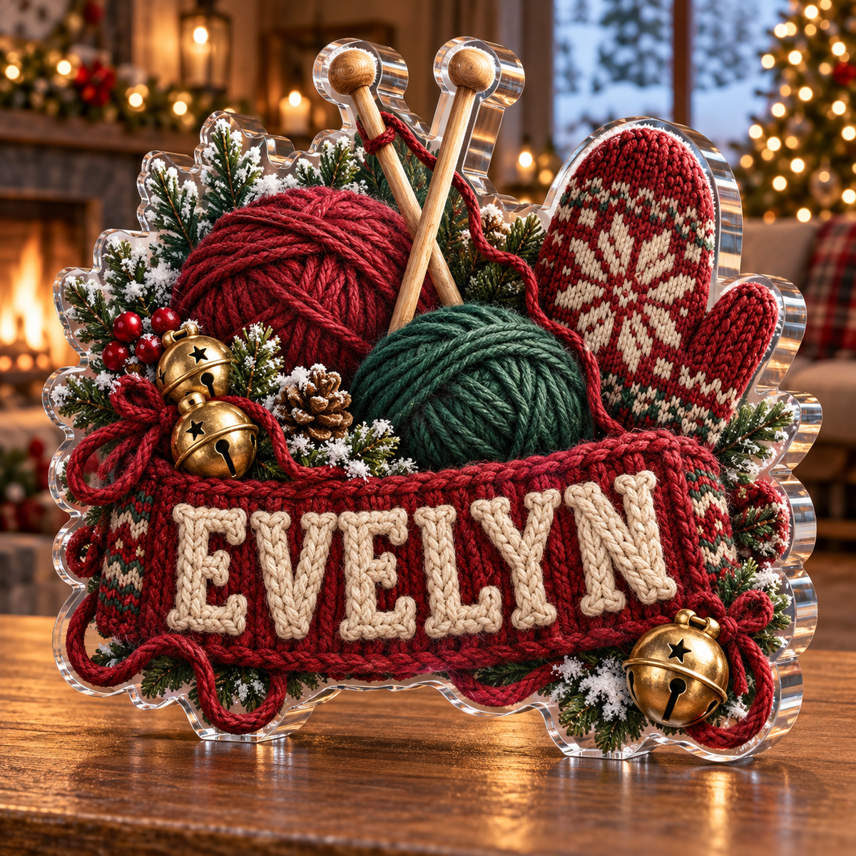 Front view of personalized christmas knitting cottage acrylic plaque with sample name EVELYN, displayed in a softly blurred Christmas knitting cottage