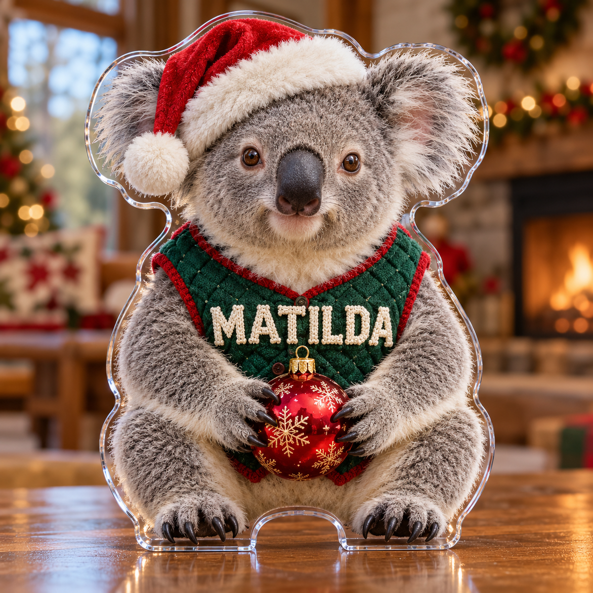 Front view of personalized Christmas Koala Bauble acrylic plaque with sample name MATILDA