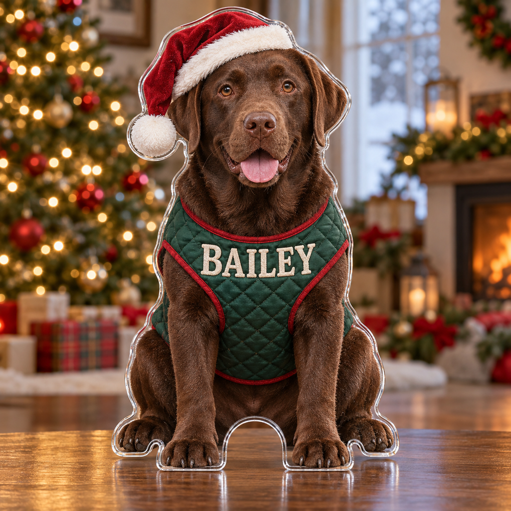 Front view of personalized Christmas Labrador Country Home acrylic plaque with sample name BAILEY