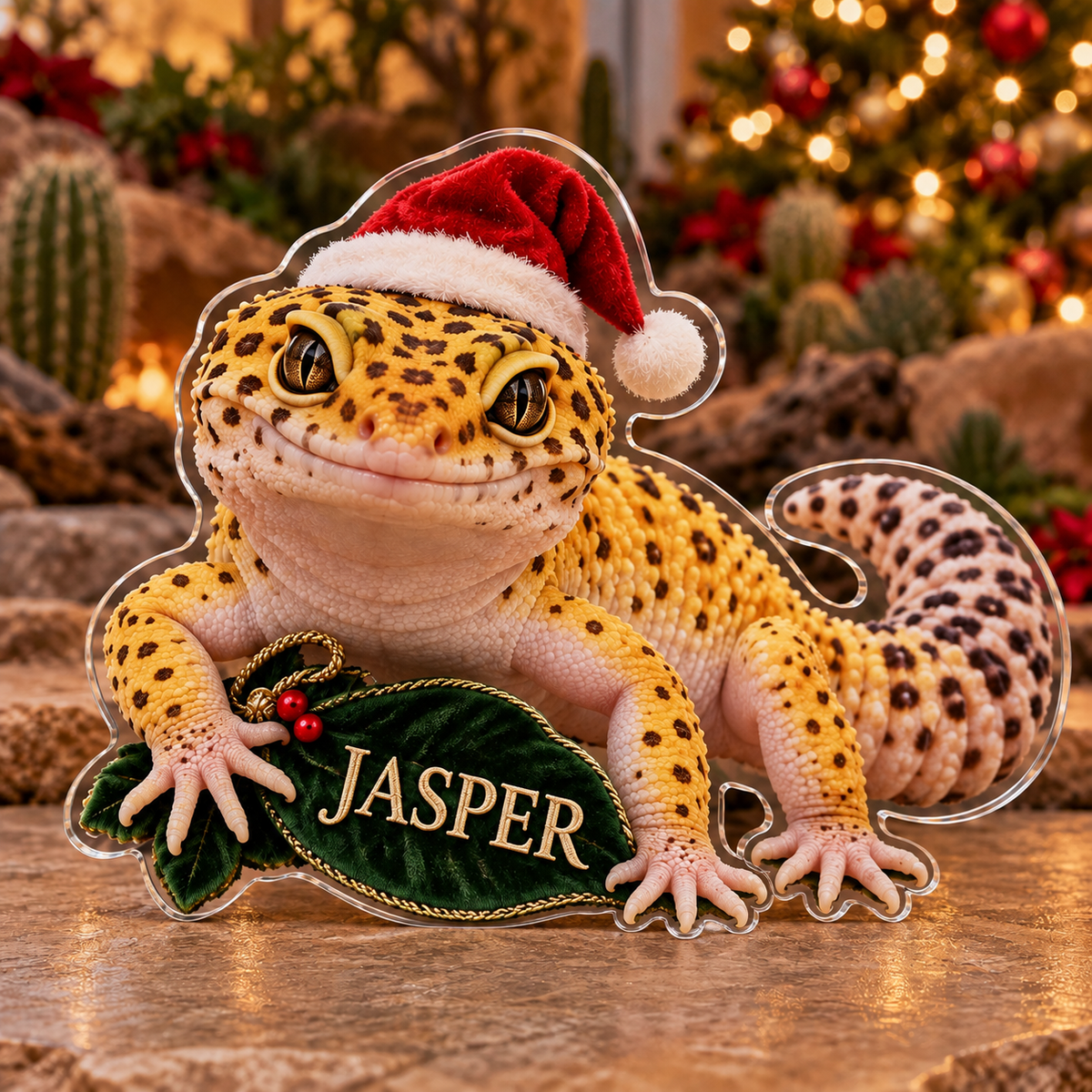 Front view of personalized Christmas Leopard Gecko Leaf acrylic plaque with sample name JASPER