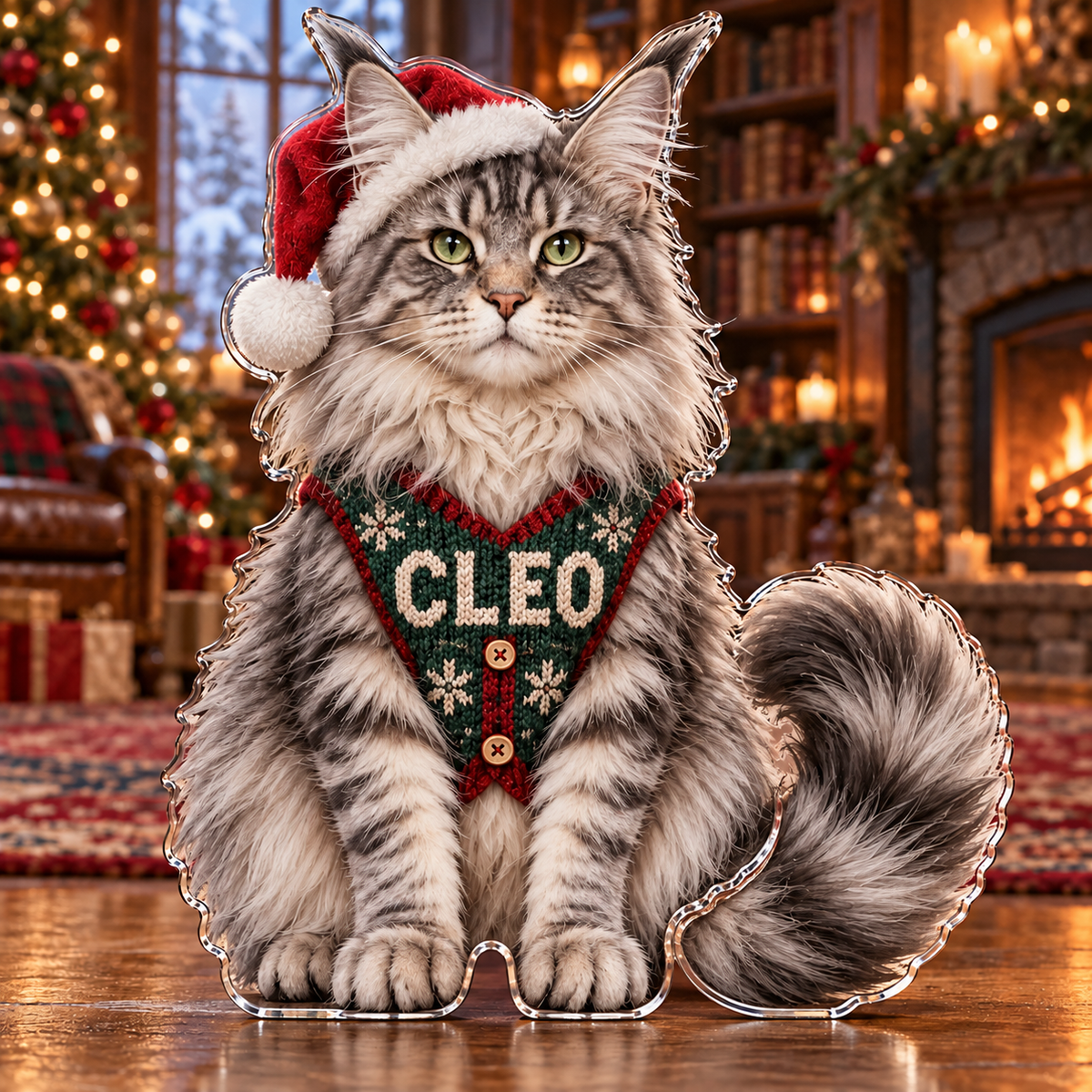 Front view of personalized Christmas Maine Coon Library acrylic plaque with sample name CLEO