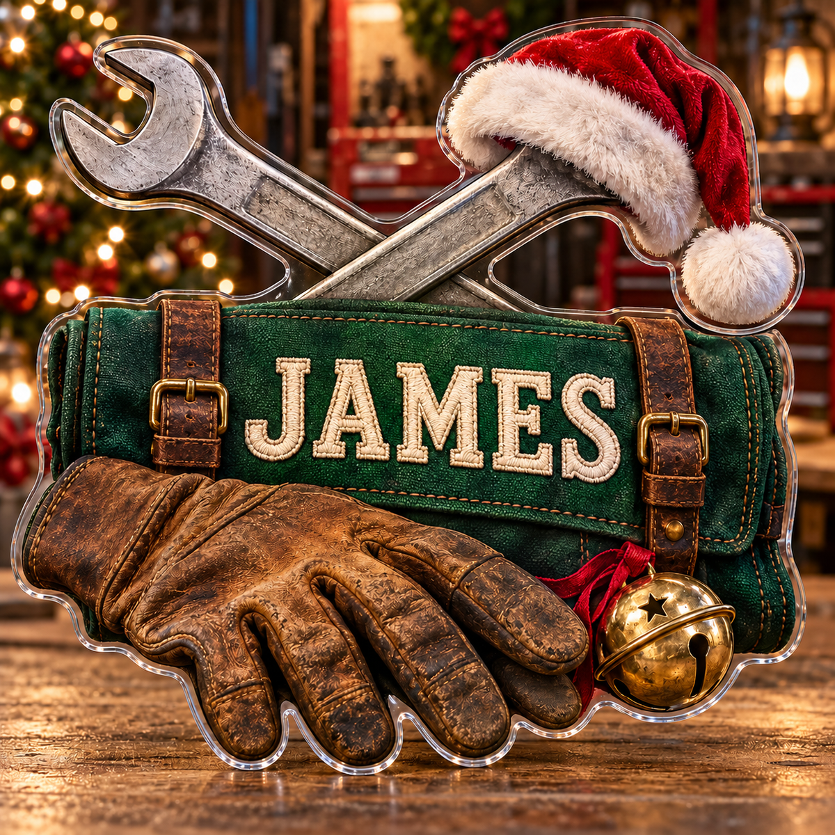 Front view of personalized Christmas Mechanic Tool Roll acrylic plaque with sample name JAMES