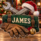 Front view of personalized Christmas Mechanic Tool Roll acrylic plaque with sample name JAMES