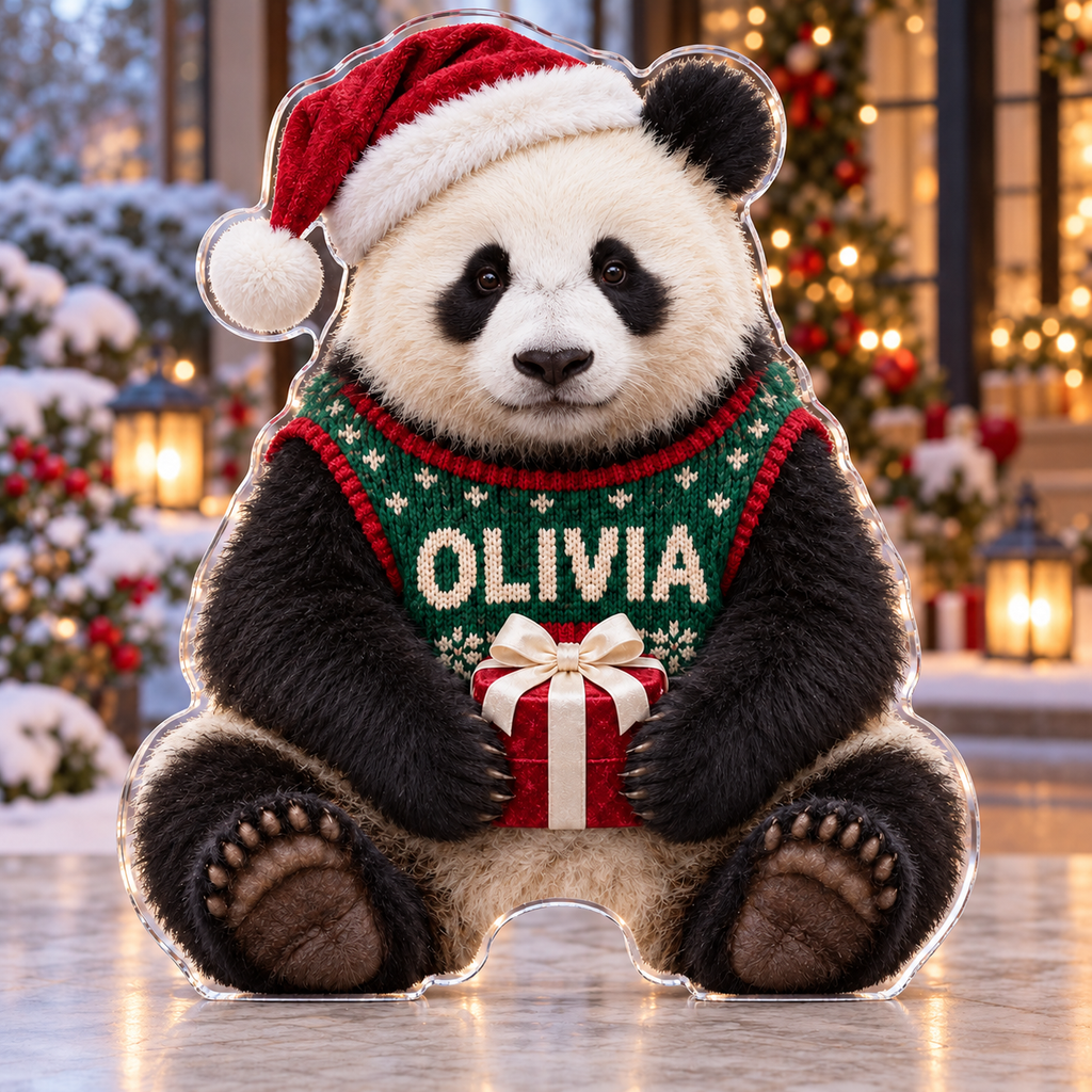 Front view of personalized Christmas Panda Gift acrylic plaque with sample name OLIVIA