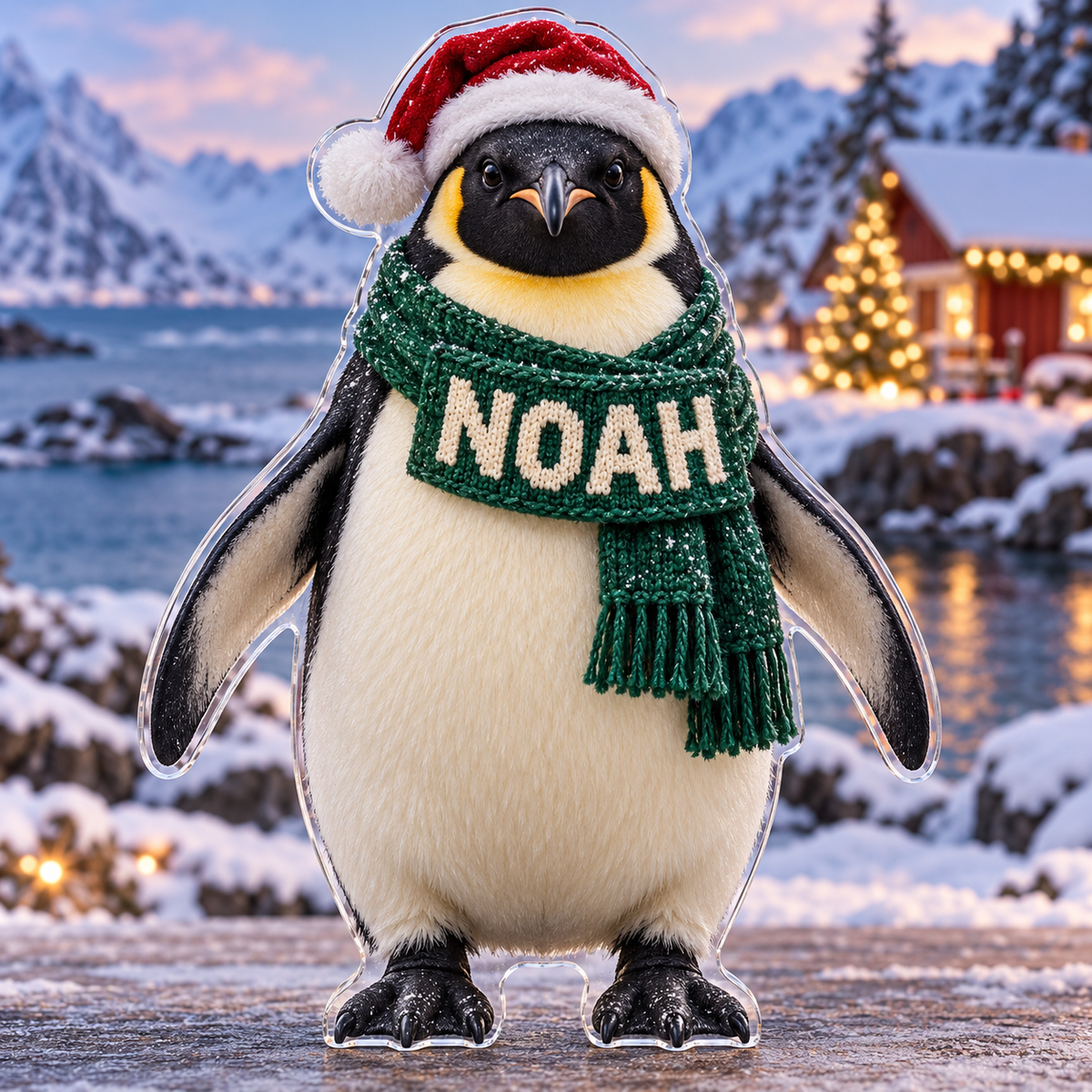 Front view of personalized Christmas Penguin Coast acrylic plaque with sample name NOAH