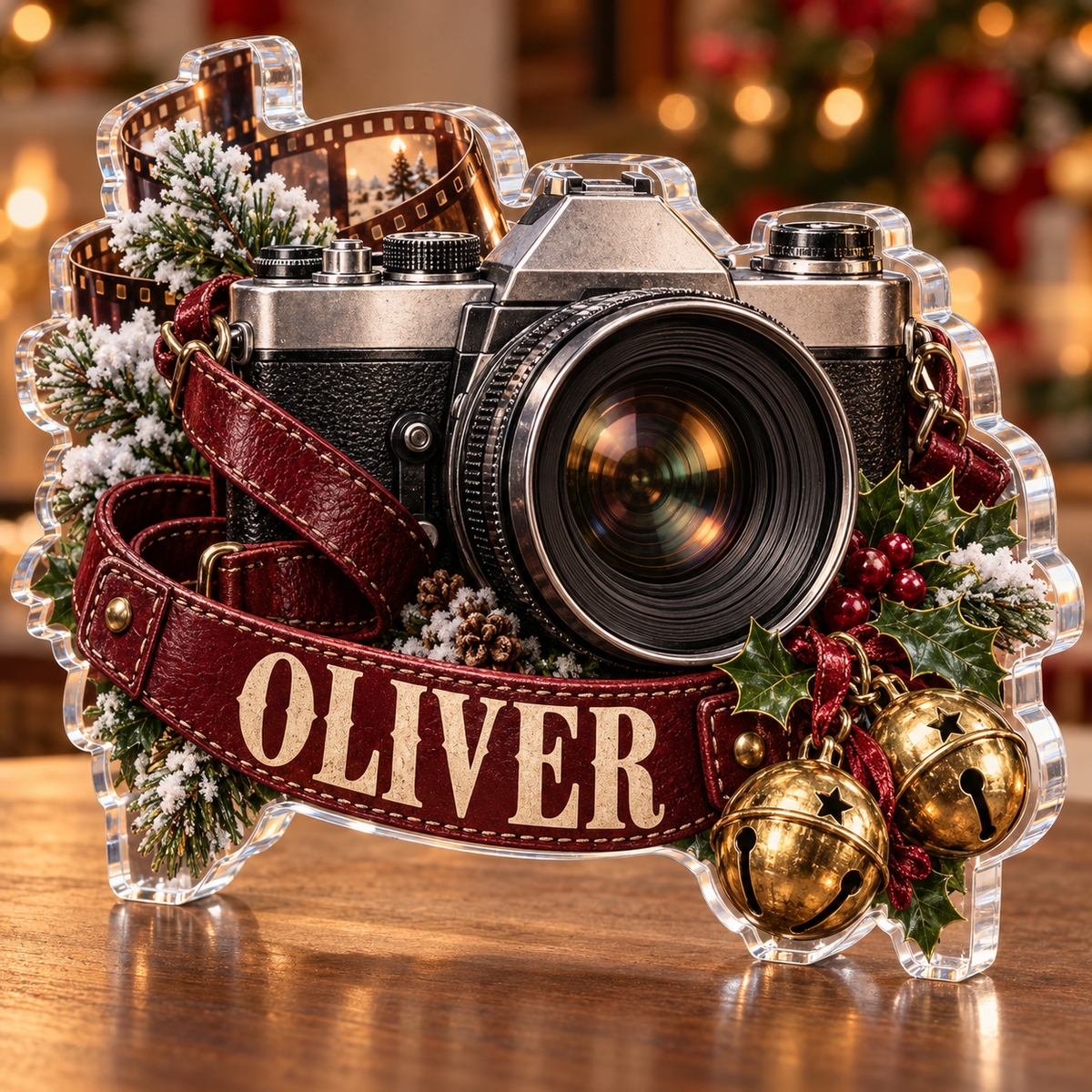 Front view of personalized christmas photographer camera acrylic plaque with sample name OLIVER, displayed in a softly blurred Christmas photography studio
