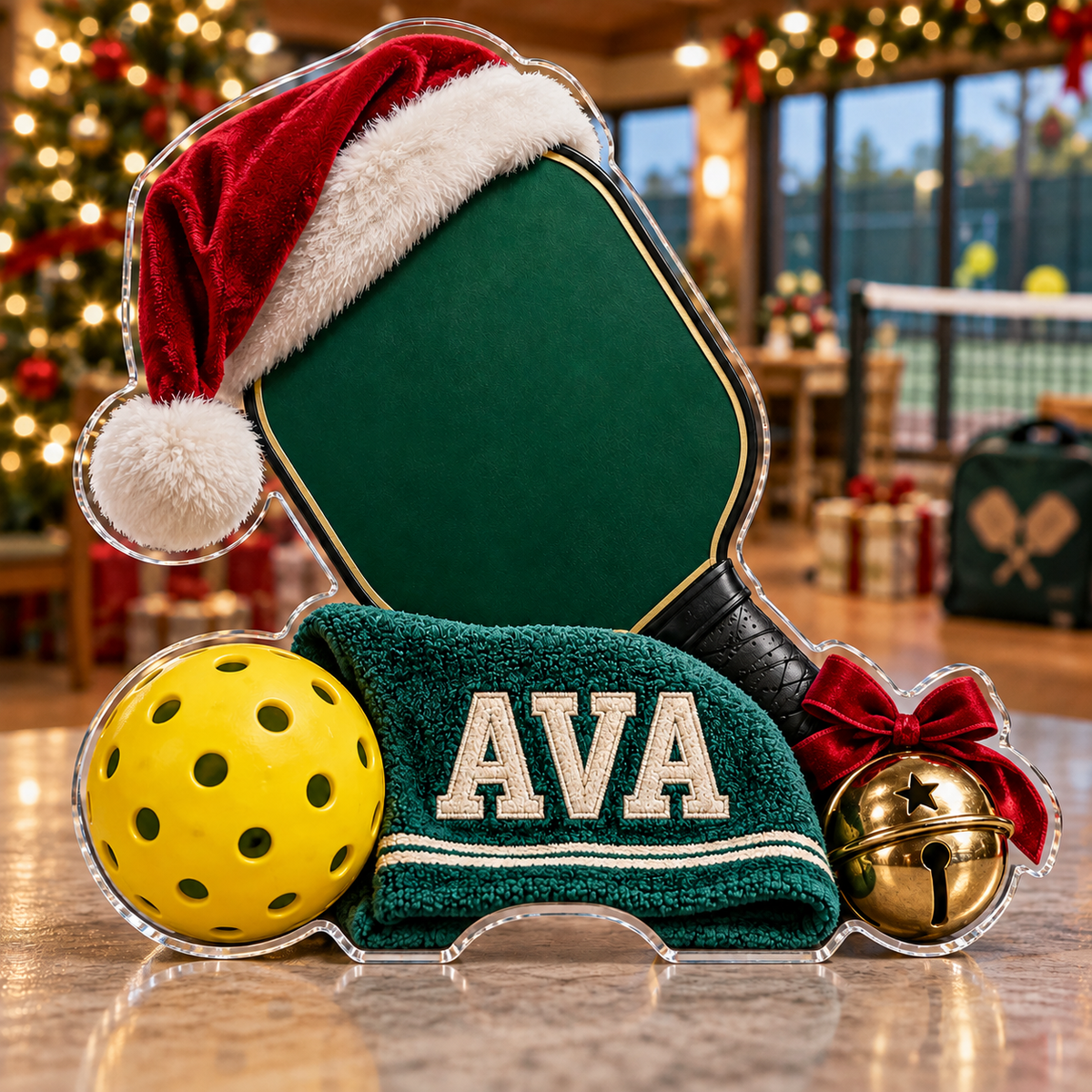Front view of personalized Christmas Pickleball Paddle acrylic plaque with sample name AVA