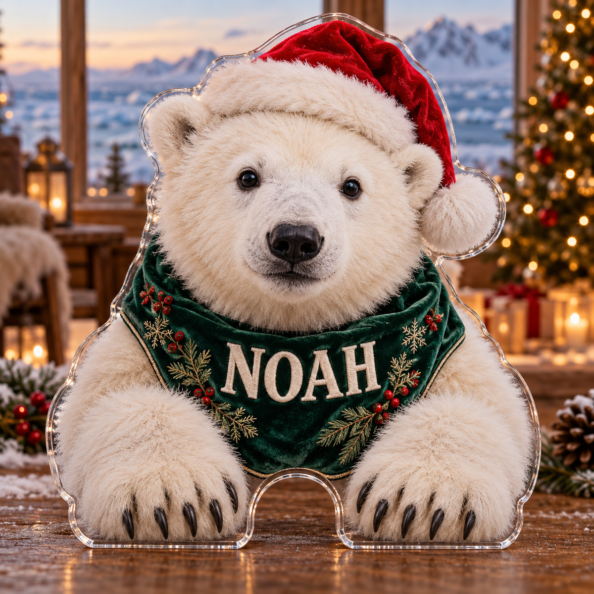 Front view of personalized Christmas Polar Bear Lodge acrylic plaque with sample name NOAH