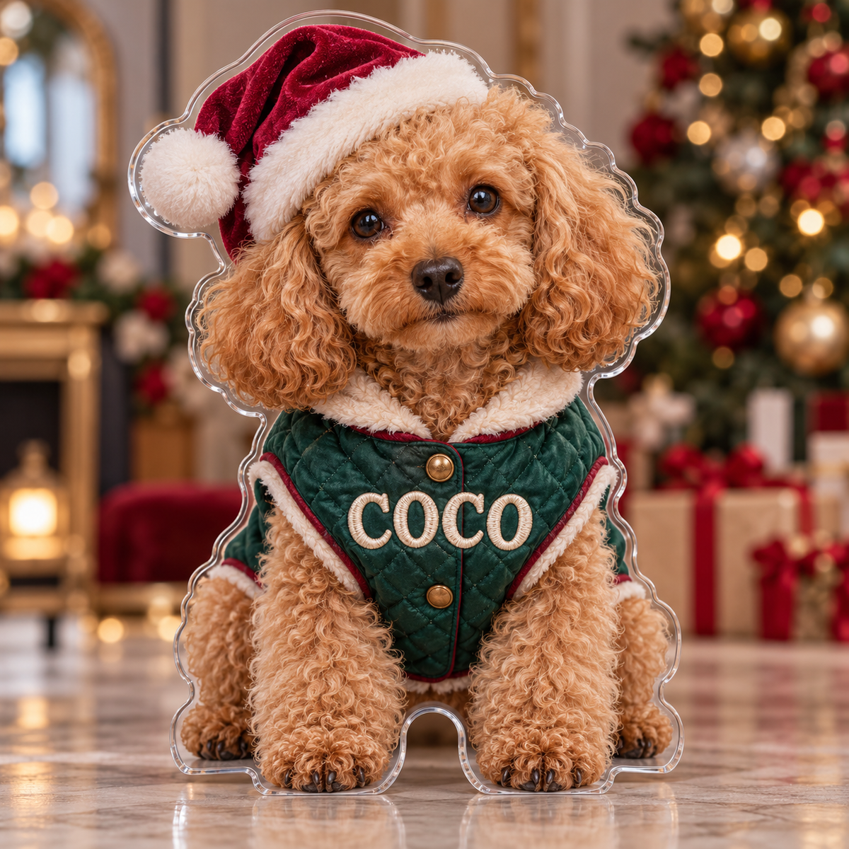 Front view of personalized Christmas Poodle Coat acrylic plaque with sample name COCO