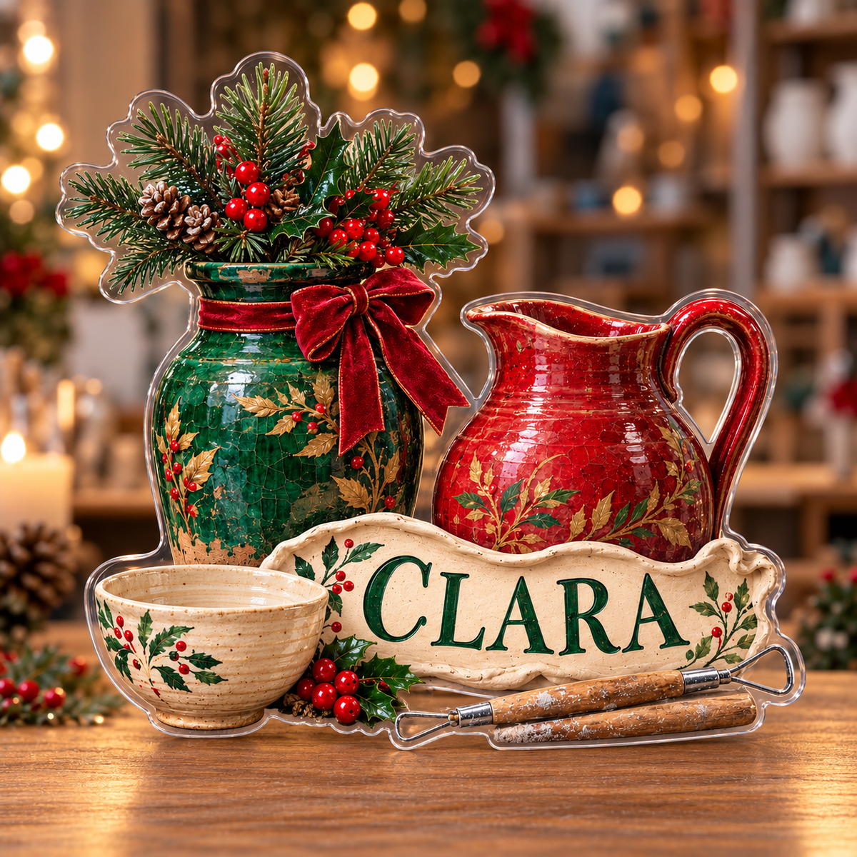 Front view of personalized christmas pottery studio acrylic plaque with sample name CLARA, displayed in a softly blurred cozy Christmas ceramics studio