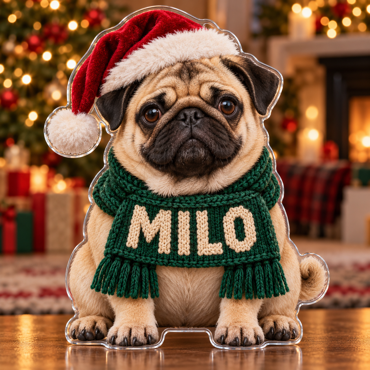 Front view of personalized Christmas Pug Scarf acrylic plaque with sample name MILO