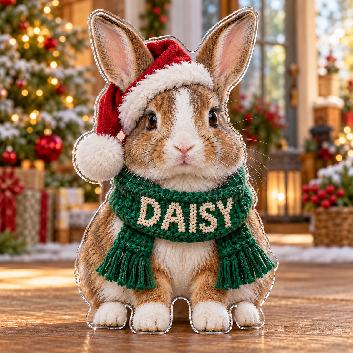 Front view of personalized Christmas Rabbit Scarf acrylic plaque with sample name DAISY
