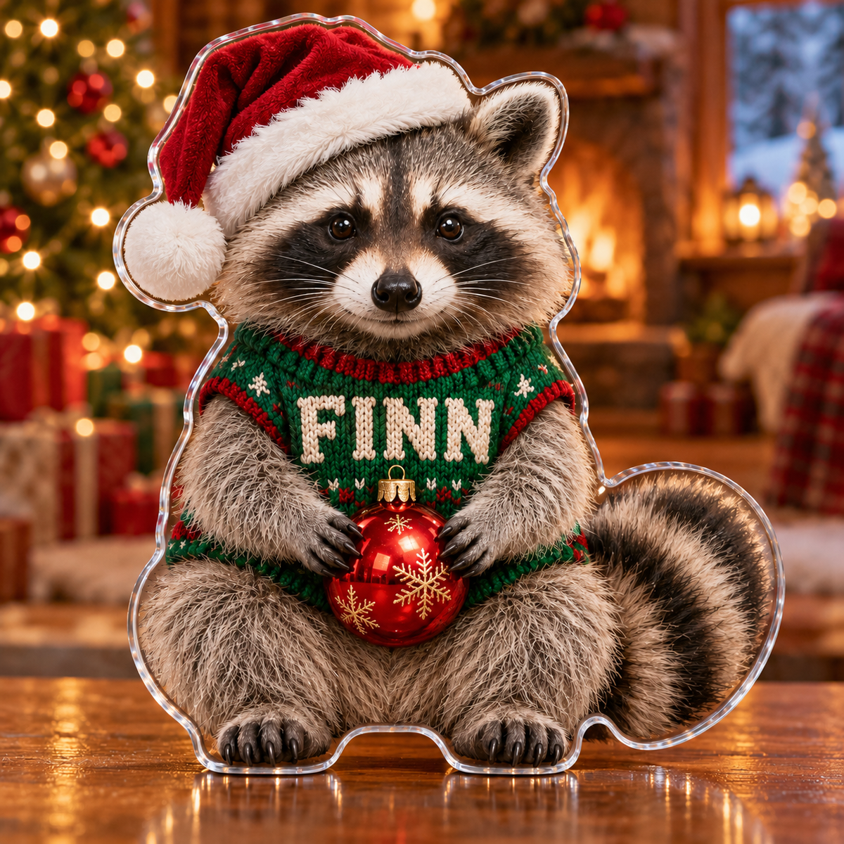 Front view of personalized Christmas Raccoon Bauble acrylic plaque with sample name FINN