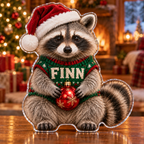 Front view of personalized Christmas Raccoon Bauble acrylic plaque with sample name FINN