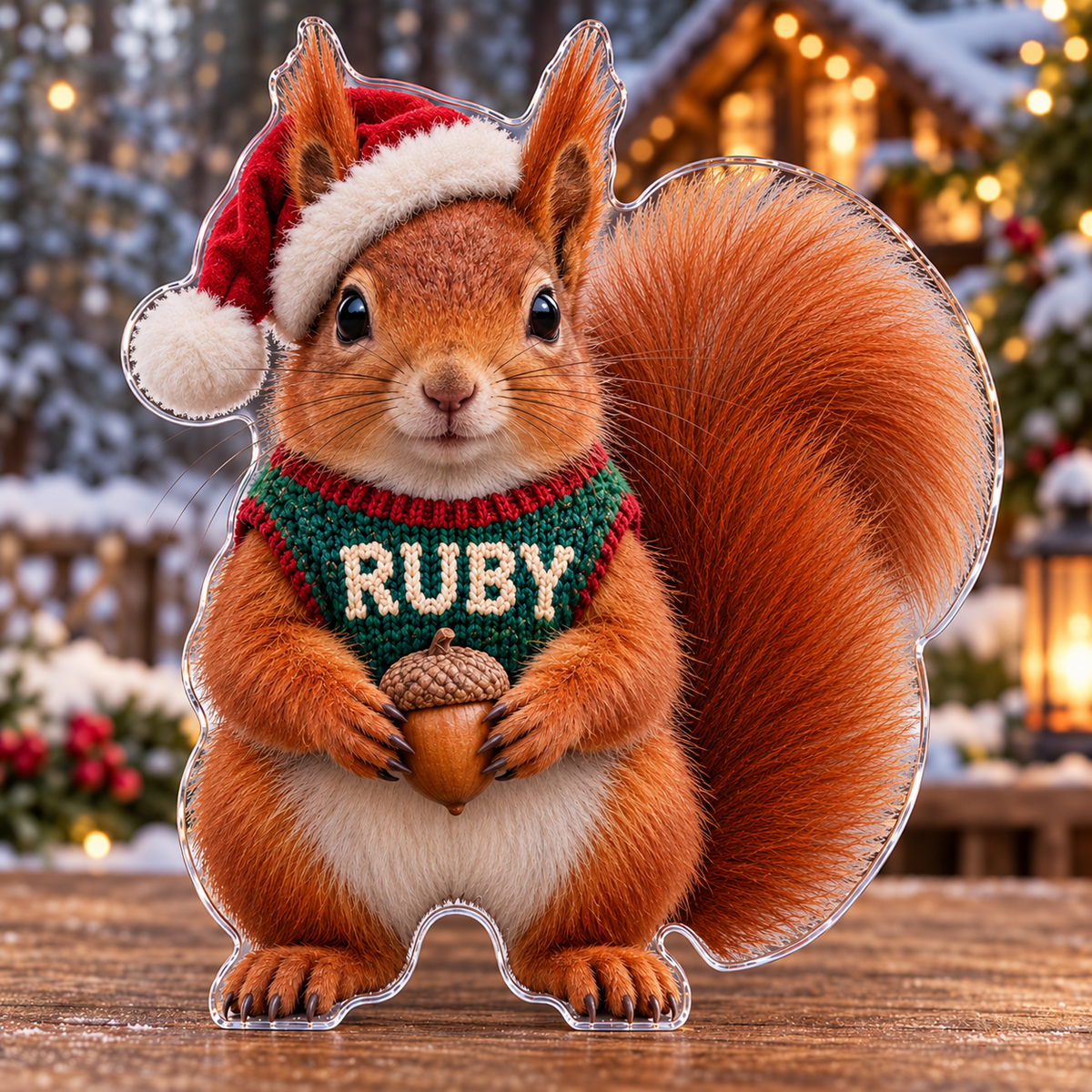 Front view of personalized Christmas Red Squirrel acrylic plaque with sample name RUBY
