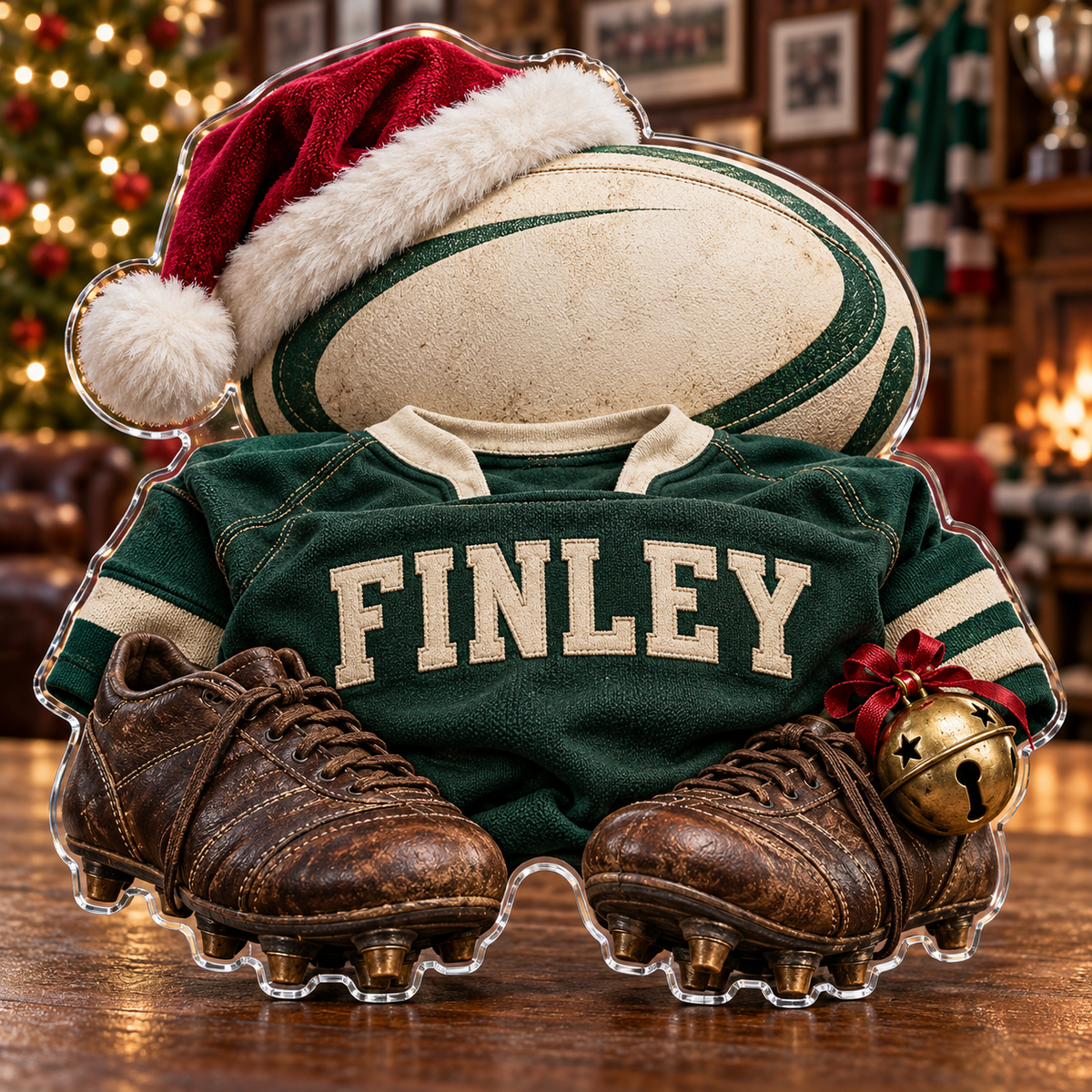 Front view of personalized Christmas Rugby Clubhouse acrylic plaque with sample name FINLEY