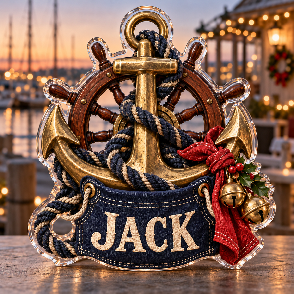 Front view of personalized Christmas sailing anchor acrylic plaque with sample name JACK in a festive harbor clubhouse
