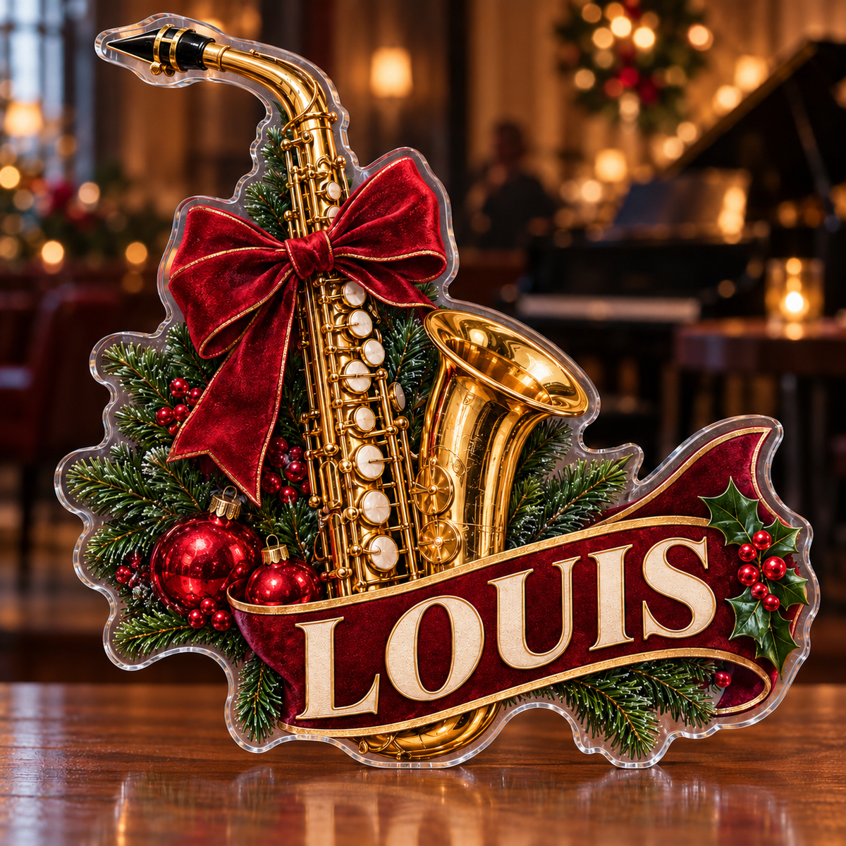 Front view of personalized christmas saxophone jazz acrylic plaque with sample name LOUIS, displayed in a softly blurred cozy Christmas jazz lounge