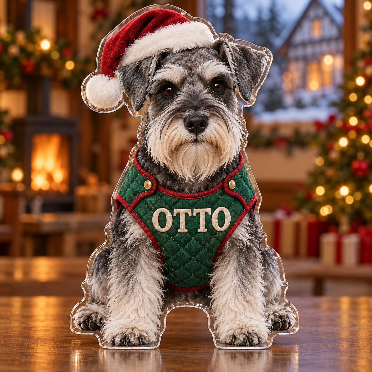 Front view of personalized Christmas Schnauzer Cottage acrylic plaque with sample name OTTO