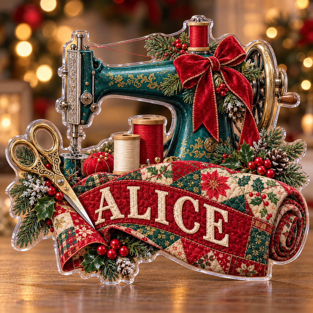 Front view of personalized christmas sewing atelier acrylic plaque with sample name ALICE, displayed in a softly blurred cozy Christmas sewing studio