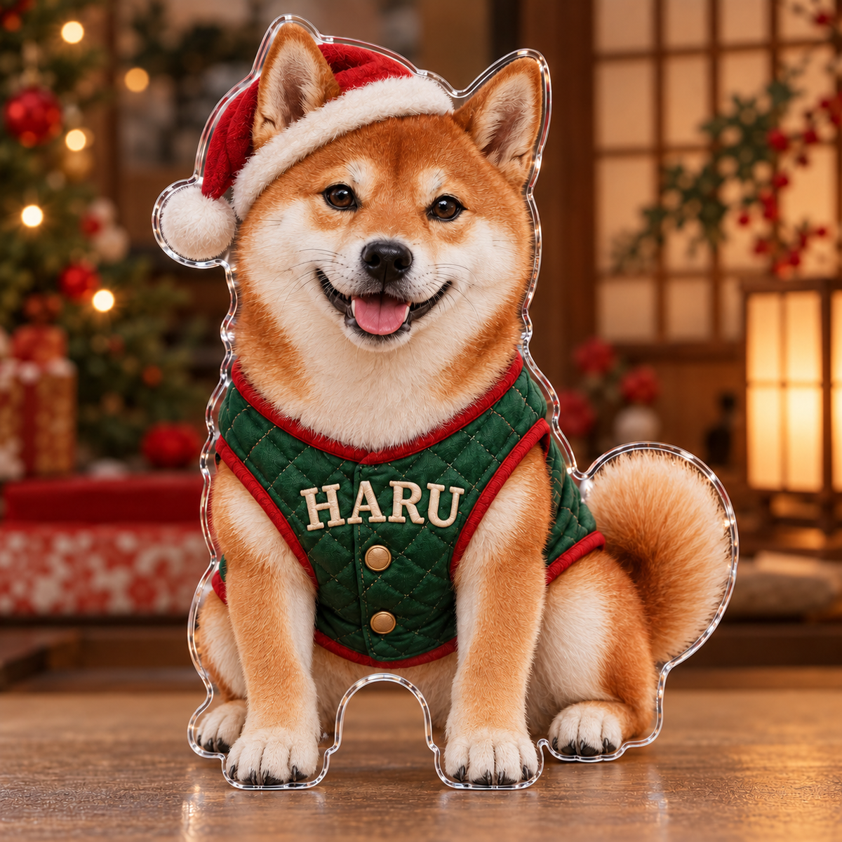 Front view of personalized Christmas Shiba Inu acrylic plaque with sample name HARU