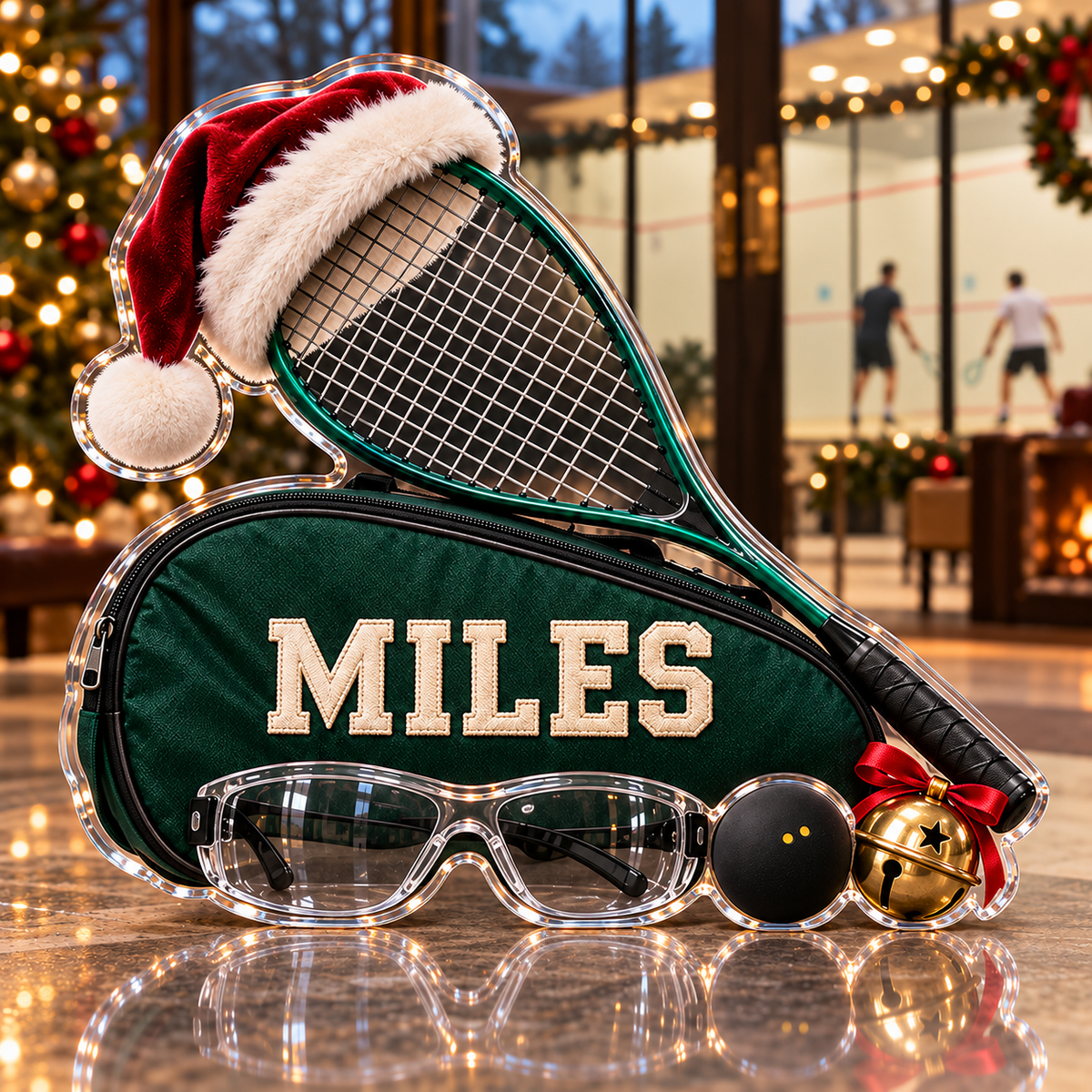 Front view of personalized Christmas Squash Goggles acrylic plaque with sample name MILES