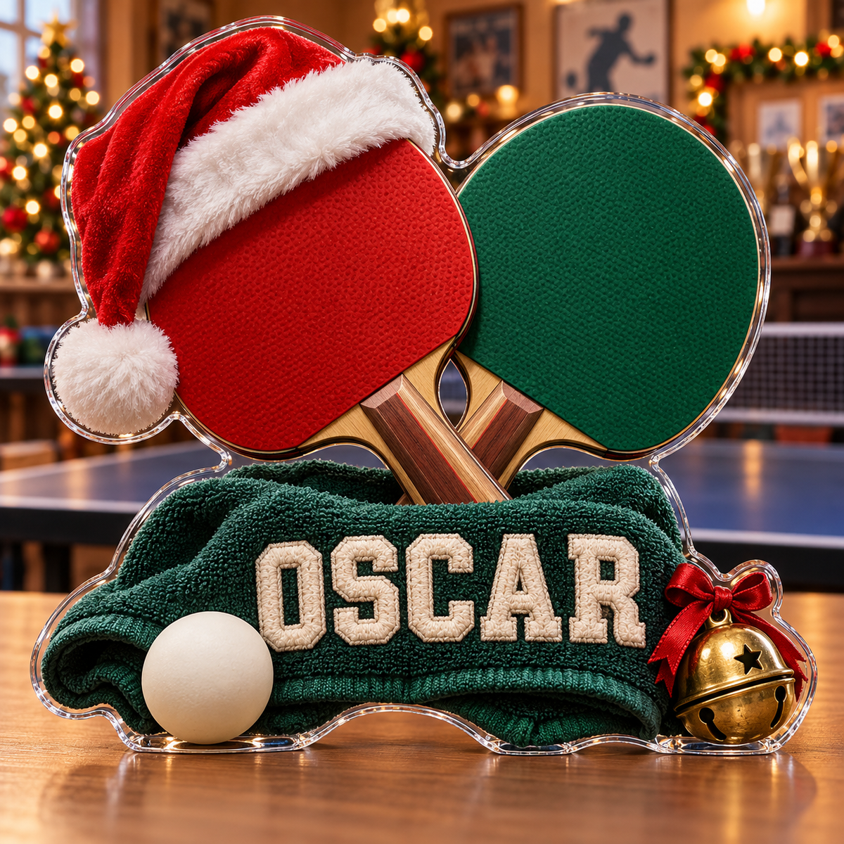 Front view of personalized Christmas Table Tennis acrylic plaque with sample name OSCAR