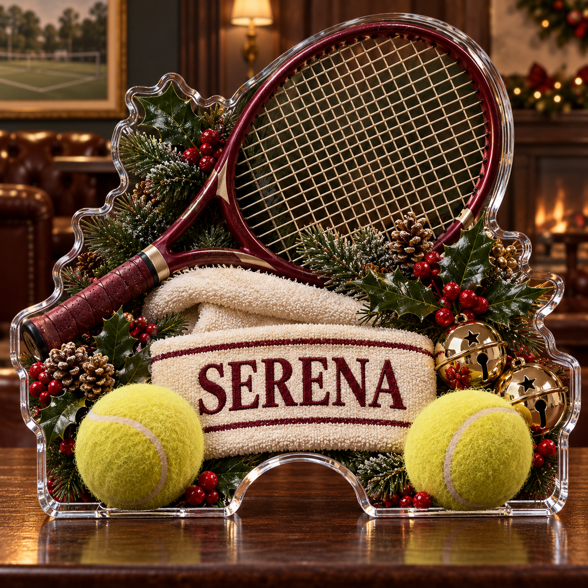 Front view of personalized christmas tennis court acrylic plaque with sample name SERENA in a softly blurred festive tennis club lounge