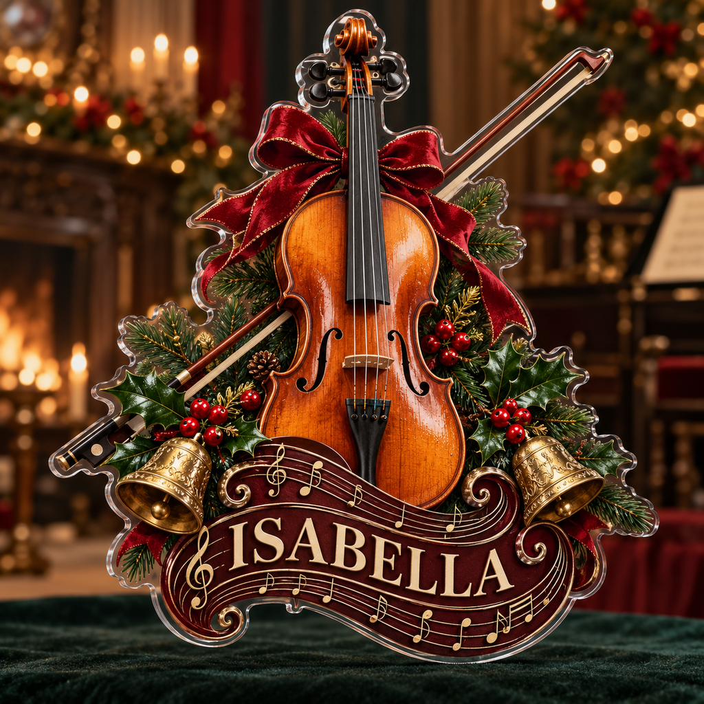 Front view of personalized christmas violin concert acrylic plaque with sample name ISABELLA, displayed in a softly blurred Christmas chamber concert salon