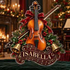 Front view of personalized christmas violin concert acrylic plaque with sample name ISABELLA, displayed in a softly blurred Christmas chamber concert salon