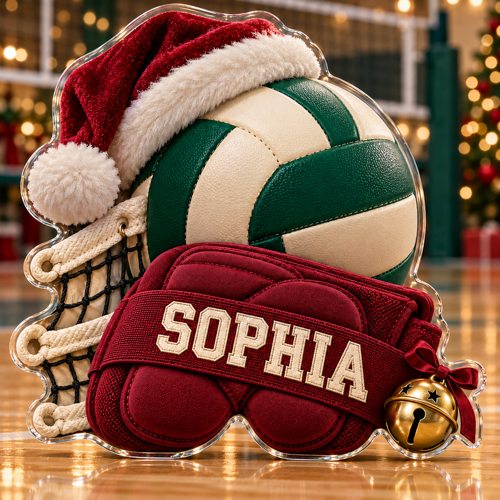 Front view of personalized Christmas Volleyball Knee Pad acrylic plaque with sample name SOPHIA