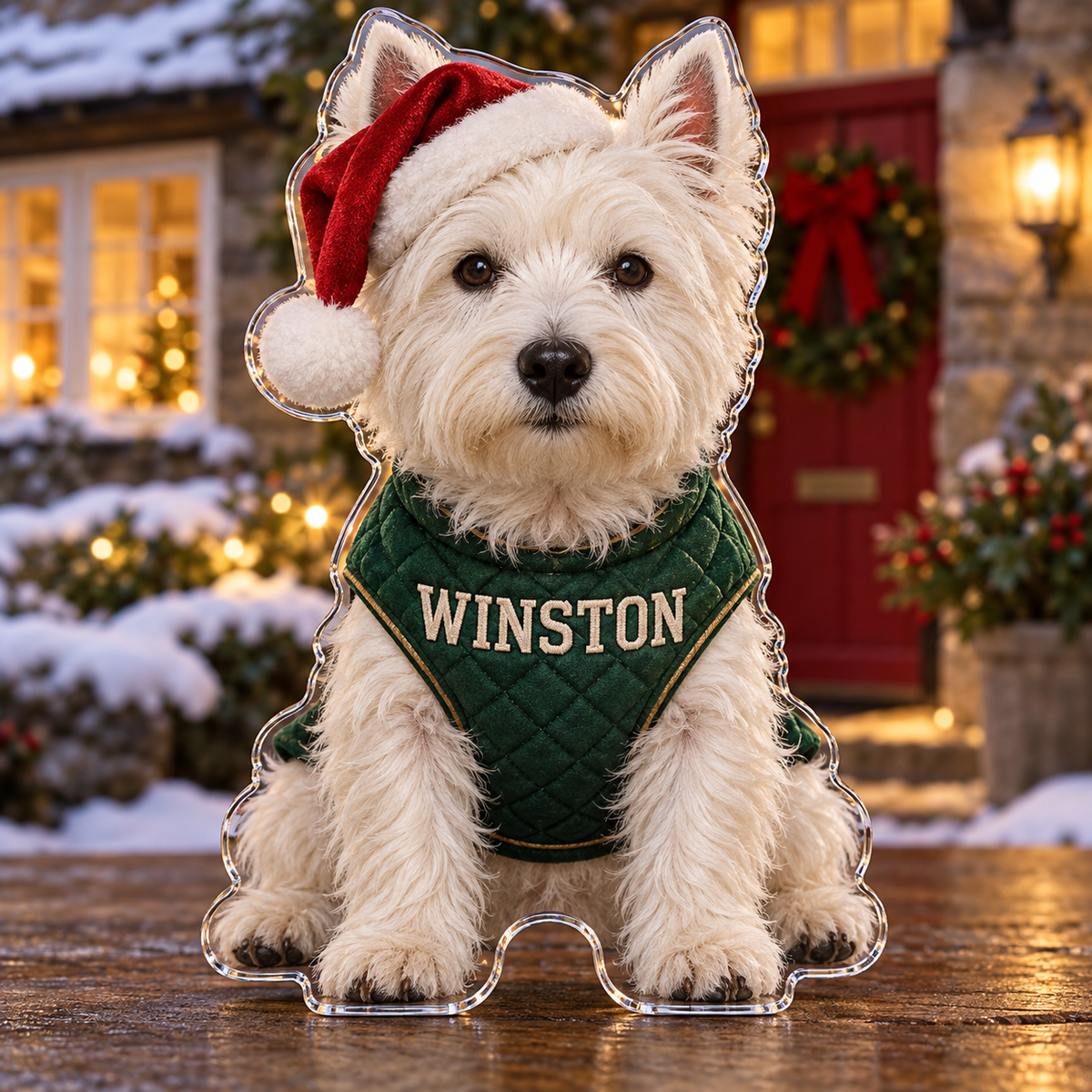 Front view of personalized Christmas Westie Cottage acrylic plaque with sample name WINSTON