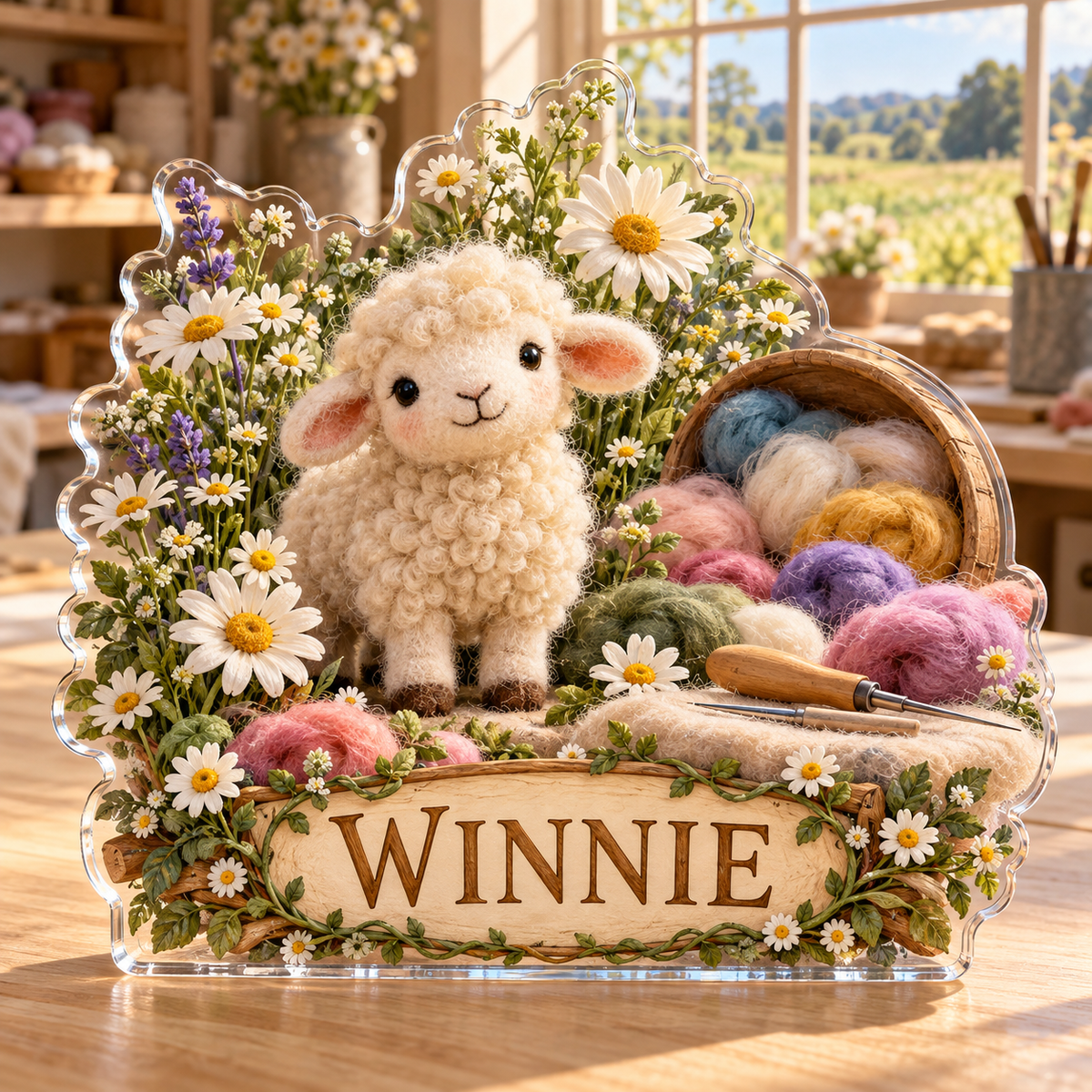 Front view of personalized wool felting daisy craft cottage acrylic plaque with sample name WINNIE, displayed in a softly blurred cozy wool felting studio on pale oak worktable